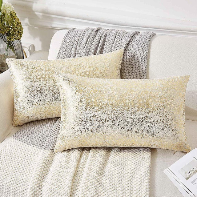 EUCIOR Champagne Throw Pillows 12x20,Gold and White Pillow Covers,Set of 2,Glitter Decorative Velvet Pillow Covers,Solid Color Cushion Covers for Sofa Bedroom Car