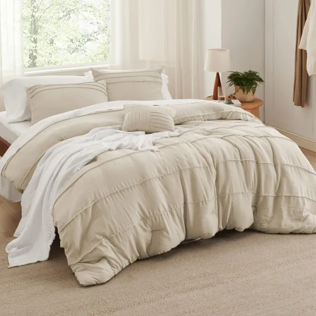 Bedsure Pinch Pleat Bed Comforter Set 4Pcs King Size Grid - Bedsure