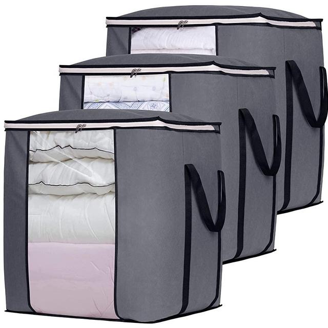SLEEPING LAMB 120L Oversized Blanket Storage Bags Sturdy Fabric Clothes Storage Containers for King Comforter Bedding Pillow Sheet, Grey, 3 Packs