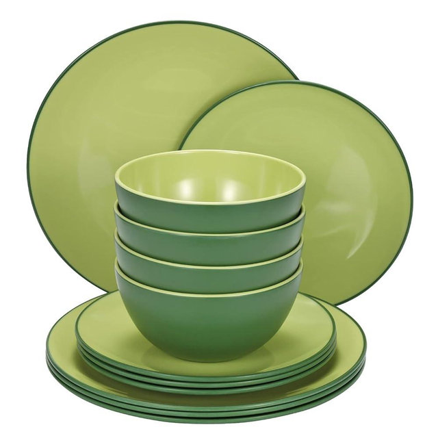 TP 12-Piece Dinnerware Set, Melamine Dishes Set with Bowls and Plates, Non-breakable and Lightweight Dinner Service for 4, Avocado Green