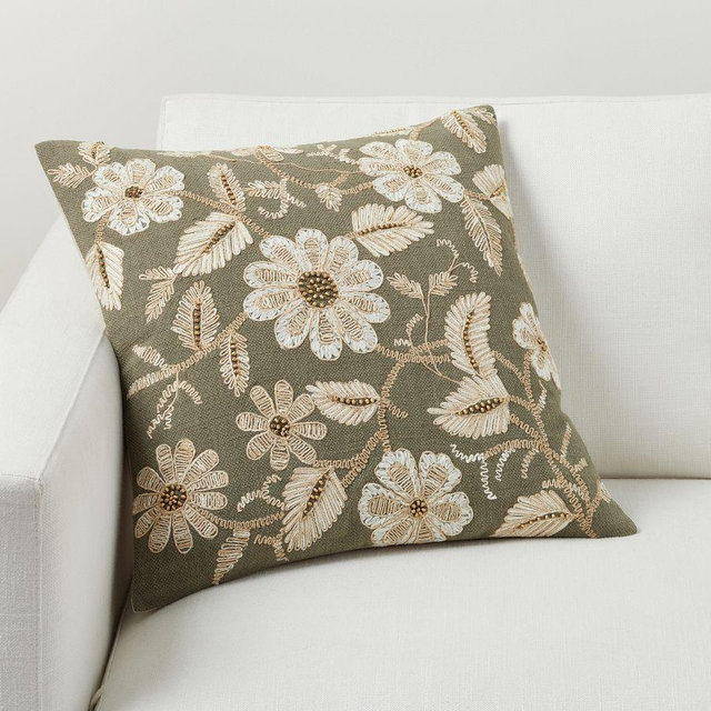 Corin Embroidered Pillow, 20", Seagrass