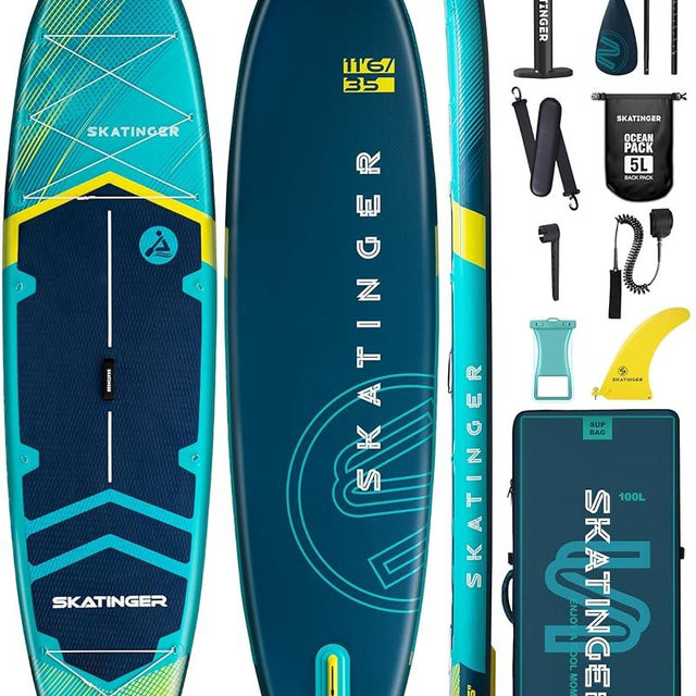 Skatinger 11'6×35" Super Wide Inflatable Stand Up Paddle Board, Ultra Stable Wide SUP for 2+1 People/Family/Big Size w/Shoulder Strap, 100L Backpack, All-Round Sup Board, US Fin