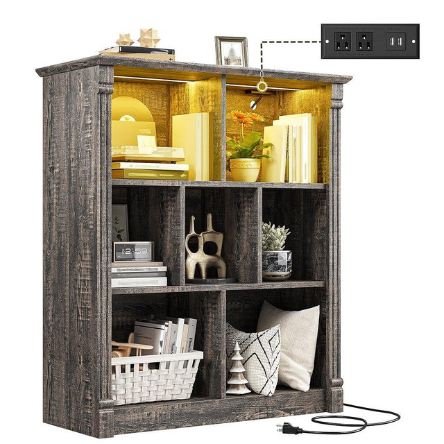 EnHomee 7 Cube Bookshelf Cubby Storage Organizer with LED Lights and USB Charging Station, Wood Shelf Display Cabinet for Bedroom, Living Room, Office Black Oak