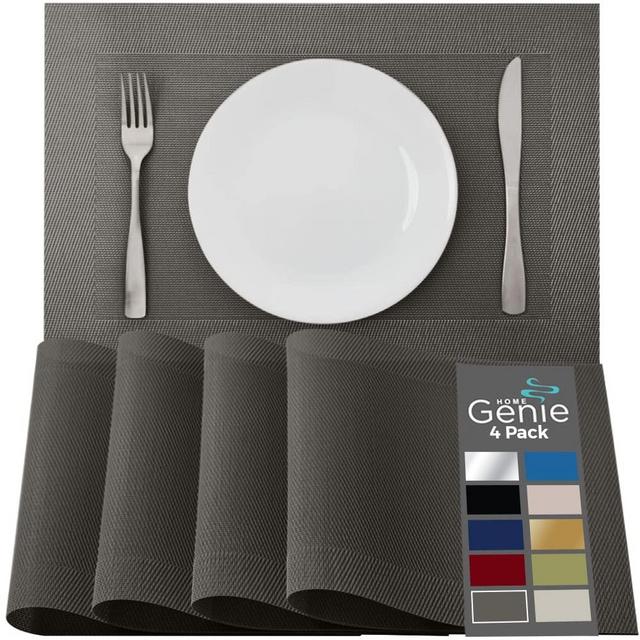 Home Genie Placemat Set of 4 Protect Surface Heat and Stain Resistant Dinner Mats, Wipeable Food Grade Place Mats, Woven Vinyl Plates for Kitchen, Dining Room Table Décor Accessories 18”x12” Dark Grey