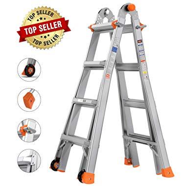 TACKLIFE Multi-Use Ladder, 17 Feet Aluminum Telescoping Ladder with 2 Flexible Wheels, Safe Protective Switch, Non-Slip Rubber Feet, 300lb Capacity Extension Ladder