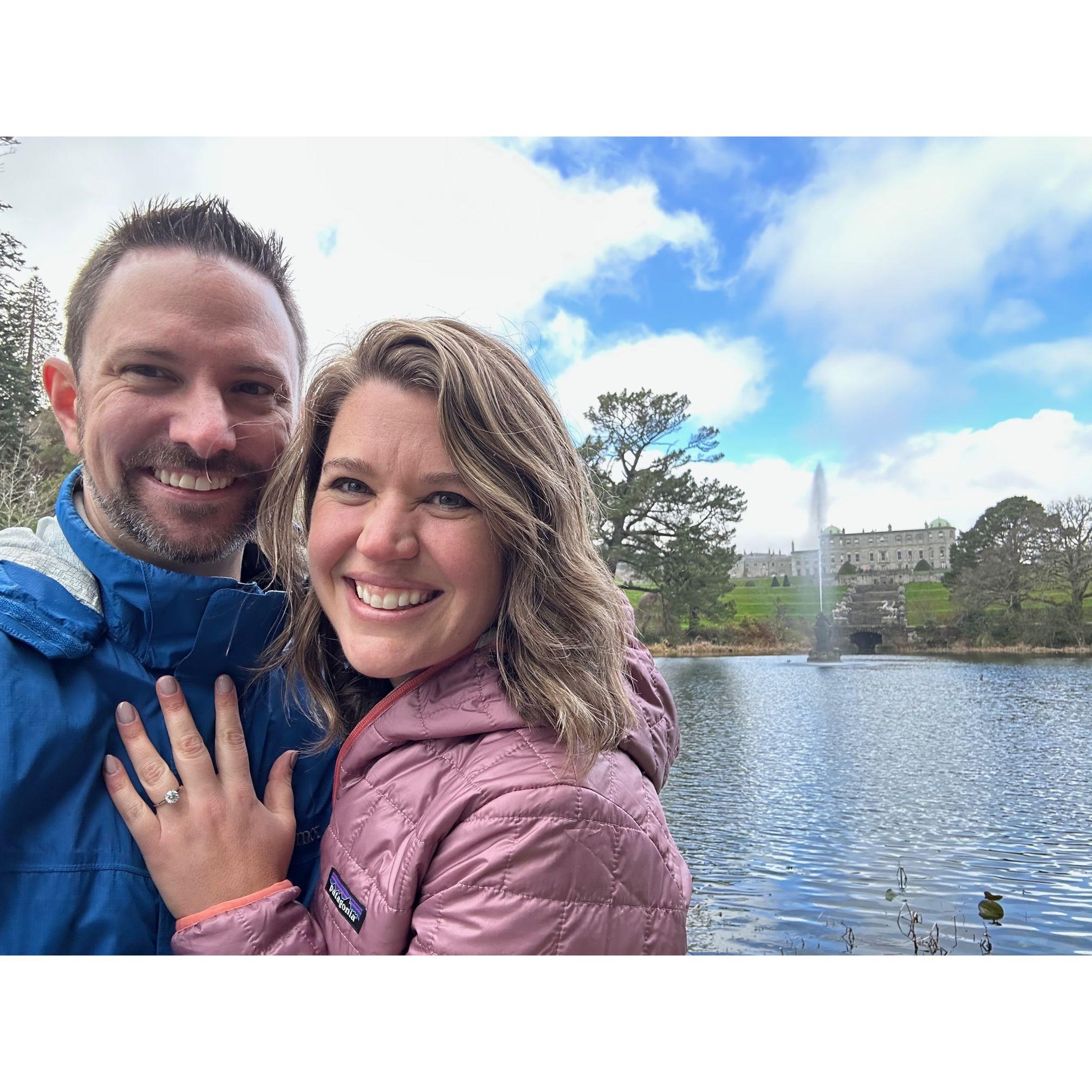 Right after Tim proposed at Powerscourt, right outside of Dublin. This was the only 20 mins of sun we got all day!