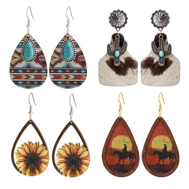 Western Cowgirl Cowboy Earrings Set Boho Vintage Handmade Bohemian Turquoise Cow Print Leather Wood Teardrop Dangle Earrings for Women Girls