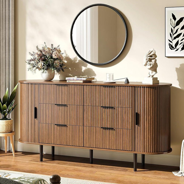 BVIUNTWO Fluted 6 Drawer Dresser, 63" Wide Modern Chest of Drawers with Metal Handle, Curved Edge Design, Wood Storage Credenza Cabinet for Bedroom,Living Room, Brown