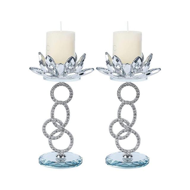 Dounx 2pcs Silver Crystal Lotus Tealight Candle Holders Set, Small Pillar Candles Holder, fits up to 1.5 in Candles, Use to Dinner Table, Wedding Centerpieces, Living Room or Home Decor