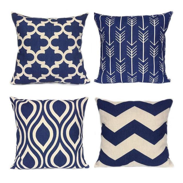 WEYON Geometric Throw Pillow Covers Navy Blue Home Deco Outdoor for Sofa Couch Cotton Linen 18 X 18 Inch, Set of 4