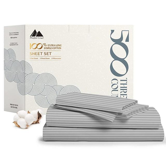 500 Thread Count Bed Sheets 100% Egyptian Cotton Striped Sheets Set - Silver Long-Staple Cotton Queen Sheet for Bed, Fits Mattress Upto 16'' Deep Pocket, Soft & Silky Sateen Weave Sheets