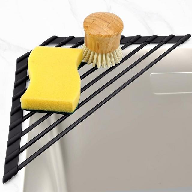 MERRYBOX Triangle Roll Up Dish Drying Rack Over The Sink, 2025 Anti-Rust Sink Drying Rack with Full Silicone Wrapped for Top of Sink Coner, Anti-Slip Organizer for Kitchen