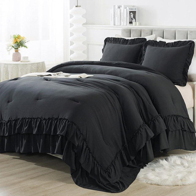 Andency Black California King Comforter Set(108x96Inch), 3 Pieces Farmhouse Shabby Chic Ruffle Bedding Comforter Sets, Lightweight Fluffy Soft Microfiber All Season Bed Set