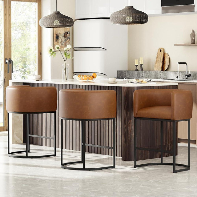 VATROS 26" H Counter Height Bar Stools Set of 3, Modern Barrel Counter Stools with Backrest and Arms, Faux Leather Upholstered Accent Barstools for Kitchen Island,Support 450 LBS (Walnut Brown
