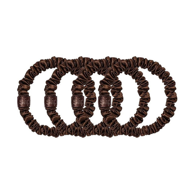 Slip Silk Skinny Scrunchies - Dark Brown - 100% Pure 22 Momme Mulberry Silk Scrunchies for Women - Hair-Friendly + Luxurious Elastic Scrunchies Set (4 Scrunchies)