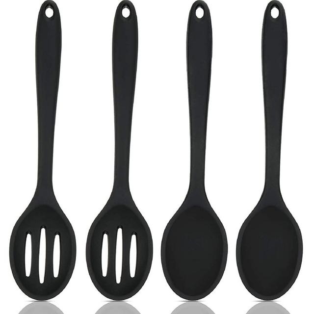 4 Pieces Silicone Nonstick Mixing and Slotted Spoons Set, Large Silicone Serving Slotted Spoon Nonstick Heat Resistant Spoons for Kitchen Baking Stirring Draining Tools (Black)