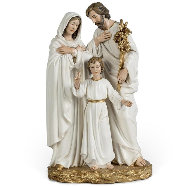 BC Catholic Holy Family Statue, 12" H Youth Jesus with Joseph and Virgin Mary, Religious Indoor Inspirational Home Décor, Hand Painted in White and Gold by Buildclassic
