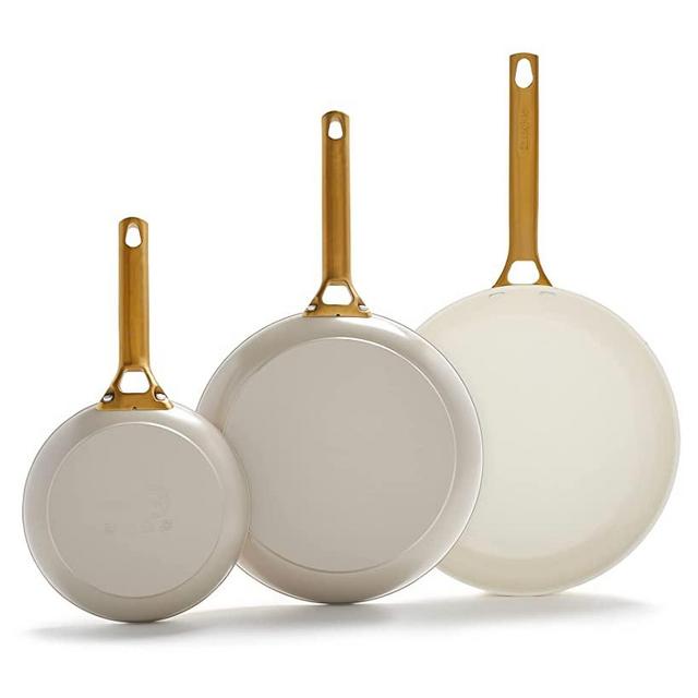 GreenPan Reserve Hard Anodized Healthy Ceramic Nonstick 8" 10" & 12" 3 Piece Frying Pan Skillet Set, Gold Handle, PFAS-Free, Dishwasher Safe, Oven Safe, Taupe