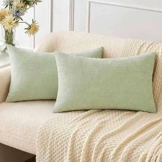 MIULEE Pack of 2 Spring Light Green Couch Throw Pillow Covers 12x20 Inch Soft Chenille Lumbar Pillow Covers for Sofa Living Room Solid Dyed Cases