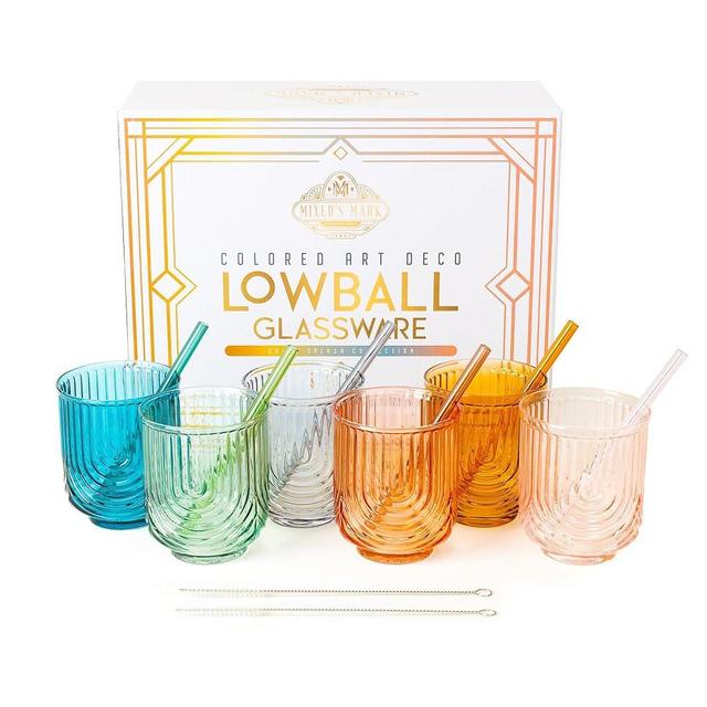 Mixer's Mark Handmade Colorful Lowball Glasses - 12 Oz Art Deco Cocktail Glasses Set of 6 with Straws & Straw Cleaner - Gift-Ready Low Ball Glasses - Unique Colored Glassware for Home Bar & Kitchen