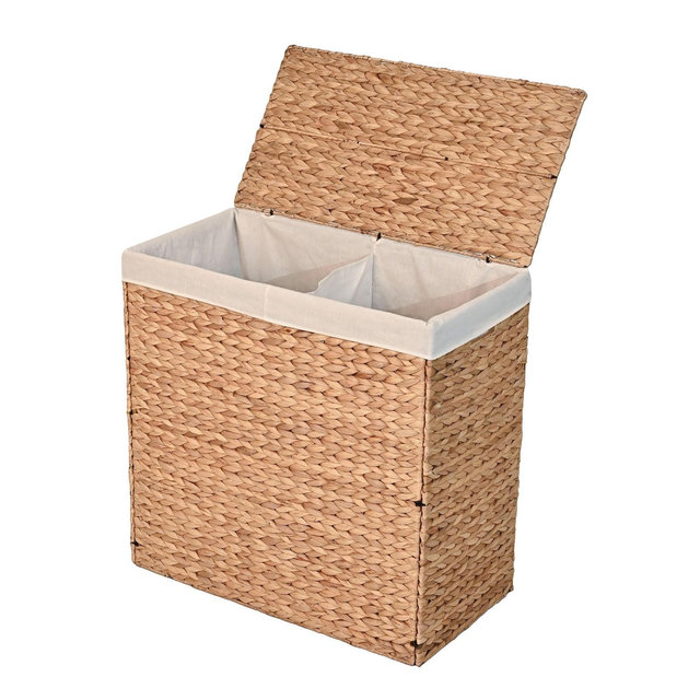 happimess Sawyer 24" Classic Farmhouse Handwoven Hyacinth 2-Section Collapsible Laundry Hamper with Washable Liner, Handles, and Lid, Natural