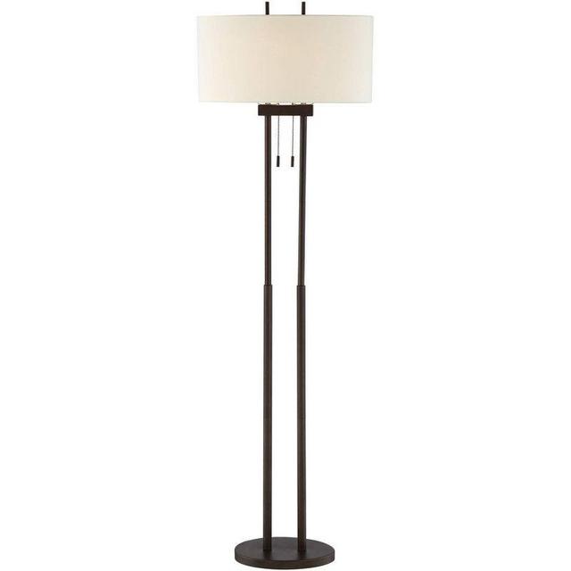 Franklin Iron Works Modern Floor Lamp Twin Pole 62" Tall Oil Rubbed Bronze White Drum Shade for Living Room Reading Bedroom Office