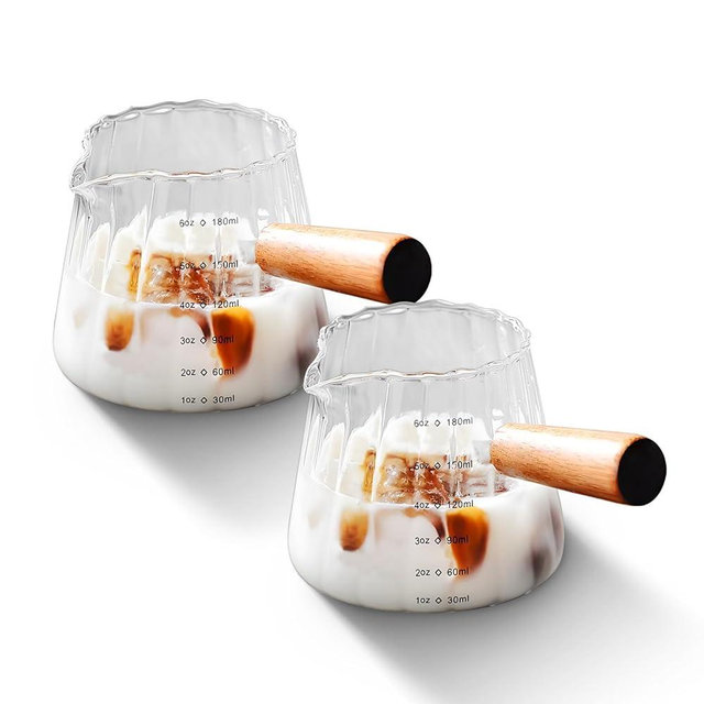 YARRAMATE 2 Pack 6 oz/180ML Glass Measuring Cup with Wooden Handle – Espresso Shot Cups, Ribbed Milk Frothing Pitcher, Dual Scale Markings, V-Shaped Mouth for Easy Pouring