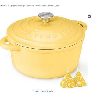 Overmont Enameled Cast Iron Dutch Oven - 5.5QT Pot with Lid Cookbook & Cotton Potholders - Heavy-Duty Cookware for Braising, Stews, Roasting, Bread Baking Goose Yellow