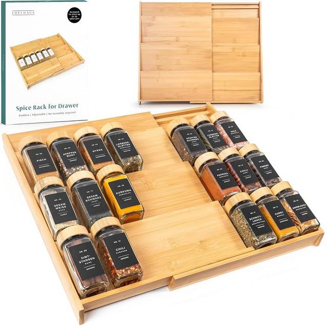 Bamboo Spice Drawer Organizer - Expandable 4 Tier Spice Rack (Need 3" Deep Drawer) 12" to 23" Wide, Seasoning Organizer, Organization Seasoning Rack insert for Kitchen Cabinet (Jars Not Included)