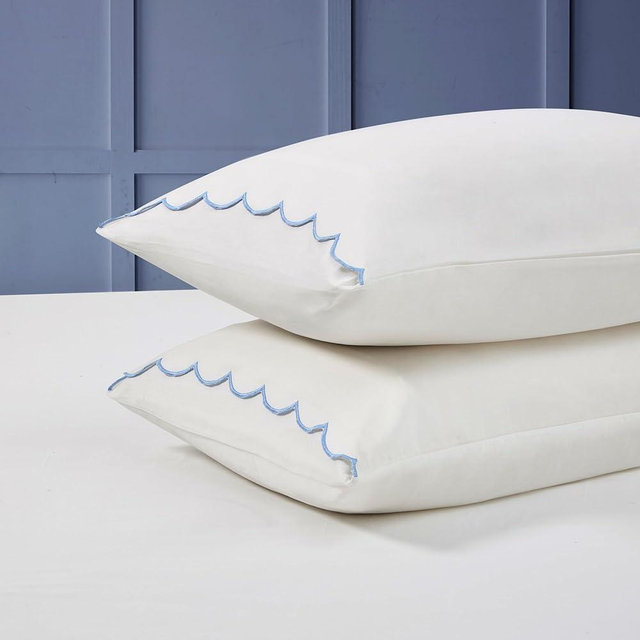 Peri Home Standard Queen Pillow Cases - 100% Cotton - Breathable Soft 300 TC - White with Blue Scallop Edge - 2 Pack
