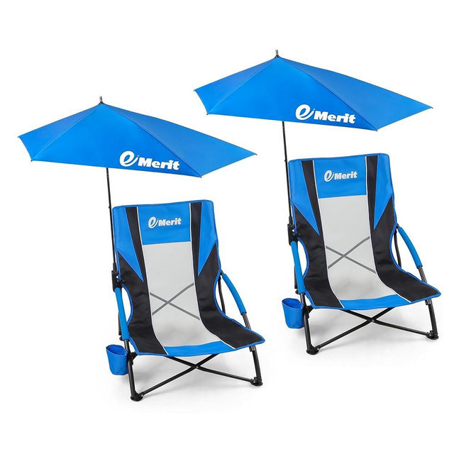 EMERIT Low Beach Chairs for Adults, Sling Beach Chair with Umberalla, Folding Backpack Camping Chair with Cup Holder