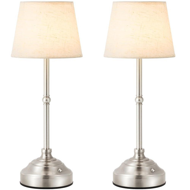 keysays 2 Pack Cordless Table Lamp, Rechargeable Desk Lamp with Fabric Shade, Battery Operated Lamp 3 Color Stepless Dimming, Small Touch Bedside Lamp Home Decor for Dining, Counter (Brushed Sliver)