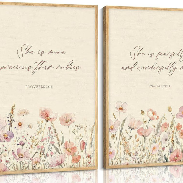 2pcs Framed Christian Floral Nursery Wall Art Bible Christ Flower Botanical Painting Picture Wall Decor Boho Girl Nurseries Poster Print Artwork for Baby Room Living Room Bedroom Home Decoration(Wood Color Framed Bible, 16L" x 12W")