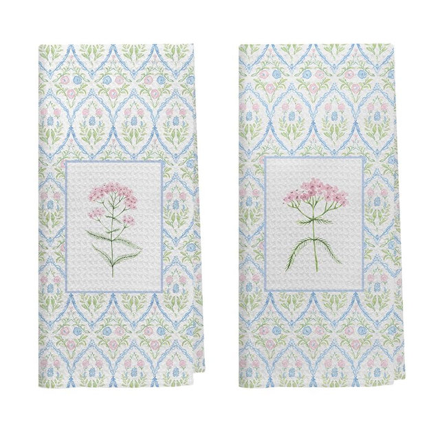 Kemingni Pink and Blue Grandmillennial Floral Kitchen Dish Towels, Pastel Pink Grand Millenial Flower Decorative Hand Towels for Bathroom Kitchen, Cottagecore Bathroom Decor, 16x24 Inch Set of 2