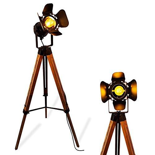 RetroHome Industrial Vintage Tripod Floor Lamp - Wooden Nautical Cinema Searchlight - Spotlight Reading Light for Living Room and Office Movie Theatre Decoration Adjustable Height (excluding Bulb)