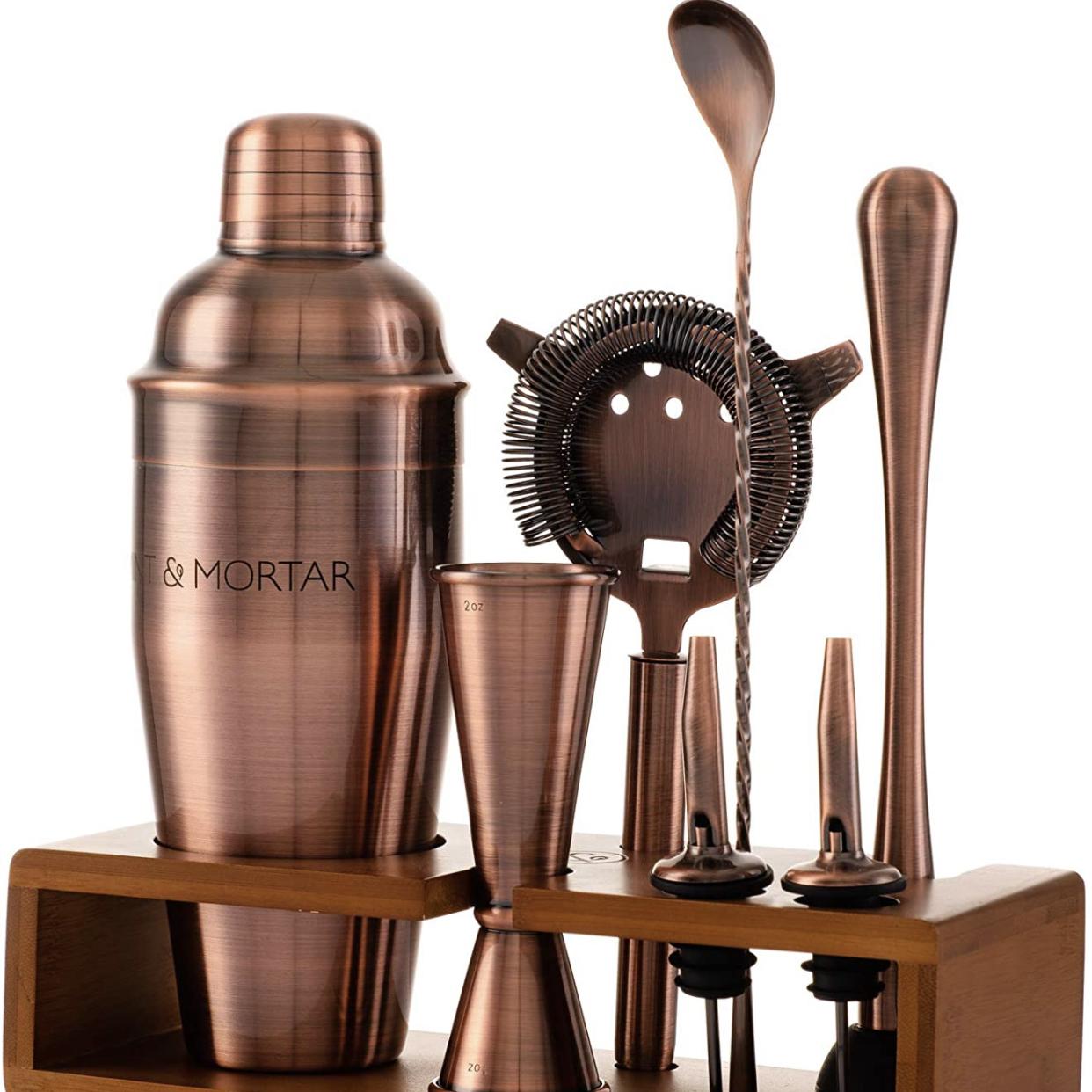 Mint&Mortar 7-Piece Cocktail Shaker Set with Bamboo Stand Stainless ...