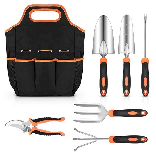 Garden Tool Set, CHRYZTAL 7 Pieces Stainless Steel Heavy Duty Gardening Tool Set, with Non-Slip Rubber Grip, Storage Tote Bag, Outdoor Hand Tools, Ideal Garden Tool Kit Gifts for Parents and Kids