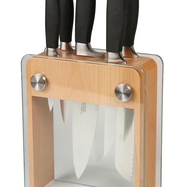 Mercer Culinary Genesis 6-Piece Forged Knife Block Set, Wood Block with Tempered Glass