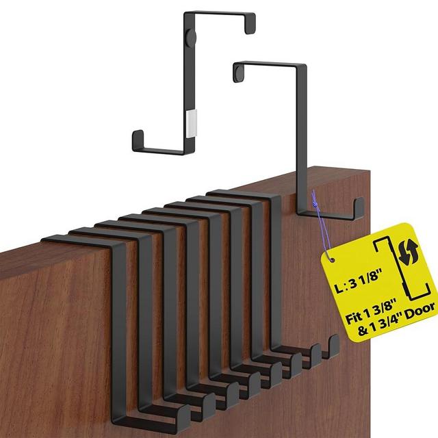 Menz Over The Door Hooks 10 Pack, 2-Sided Fits 1 3/8" & 1 3/4" Coat Hanger, Black Towel Hook w/Anti-Scratch Pads, Wreath Hanger w/Removable Sticky Non-Slip Dots, Thin Overdoor Hanger Organizer