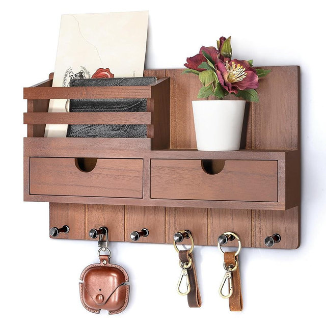 Rebee Vision Farmhouse Key Holder Wall Mount with 2 Drawer Organizer - Decorative Mail Organizer for wall with 6 Key Hooks - Ideal Apartment Essentials for Room Decor Aesthetic (Rustic Brown)