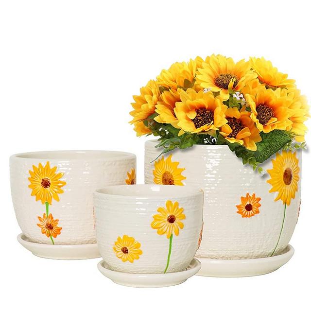Ton Sin Sunflower Plant Pots, Ceramic Flower Pots Set of 3 for Plant Indoor Planter with Saucer,Decorative for Succulent Pots with Drainage Hole（3 Pack,Yellow）