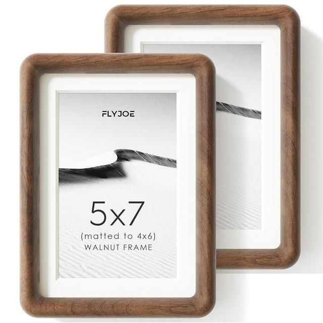 FLYJOE 5x7 Picture Frame Set of 2, Natural Solid Walnut Wood Photo Frame with Tempered Glass, Handcrafted Rounded Corner 5 x 7 Wooden Frame Matted to 4x6 Photo, Wall or Tabletop Display