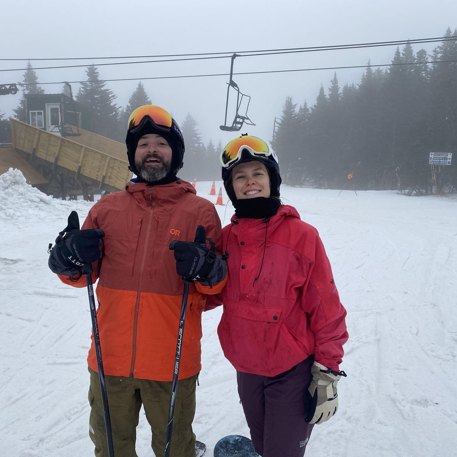 Levi skis. Sarah rides.