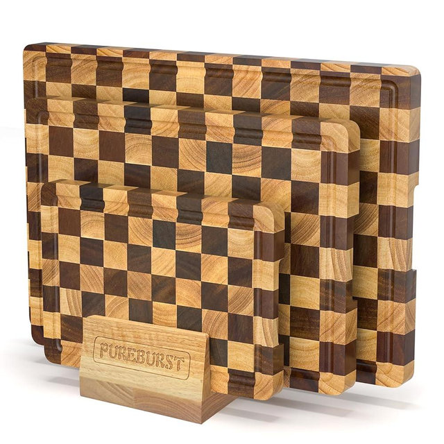 Checkered Cutting Boards for Kitchen, Wood Cutting Board Sets, Walnut Rubber & Wooden Chopping Boards with Anti-Slip Base and Guide Groove, Chessboard Carving Used for Cutting Vegetables Fruits & Meat