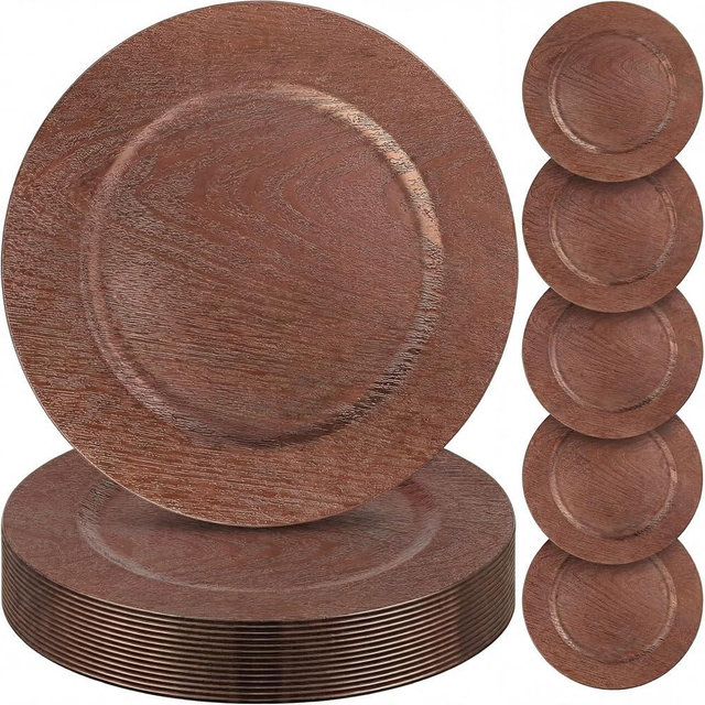 Mifoci 12 Pcs Faux Wooden Charger Plates 13 Inch Round Rustic Plastic Plates Antique Design Bulk Decorative Chargers for Dinner Tray for Wedding Dinner Table Farmhouse Party Event (Brown)