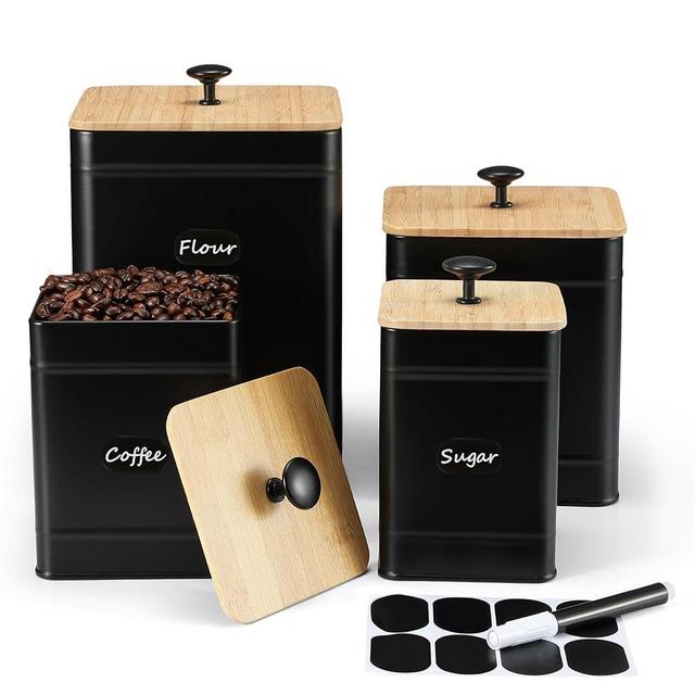 PERFNIQUE Kitchen Canisters, Airtight Canister Sets for Kitchen Counter, Kitchen Canisters for Countertop Set of 4, Coffee Tea Sugar Flour Spice Tin Jars Food Storage Container with Lid(Black)