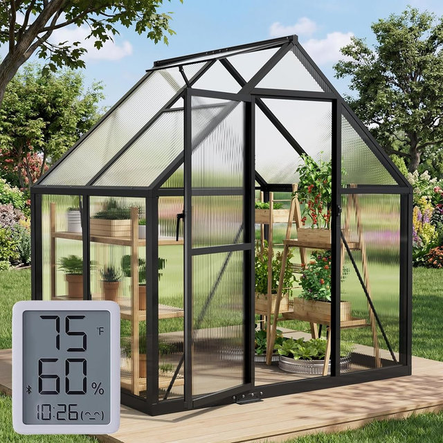 6x4FT Greenhouse with Hygrometer, Heavy Duty Aluminum Frame Polycarbonate Green House with Vent Window, Waterproof Windproof Warm Plant Greenhouses for Backyard Garden Vegetables Flowers Herbs Growing