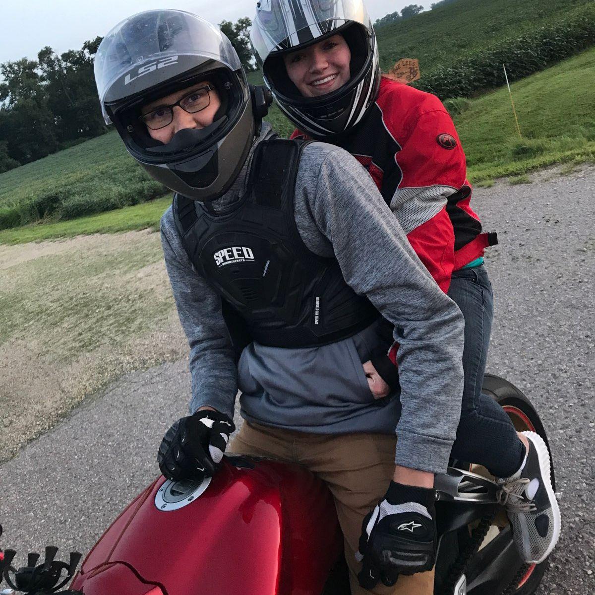 Katie and I enjoy motorcycles. I taught Katie how to ride her own motorcycle and we have gone on so many rides together since 2018. Katie has a helmet that actually fits now.