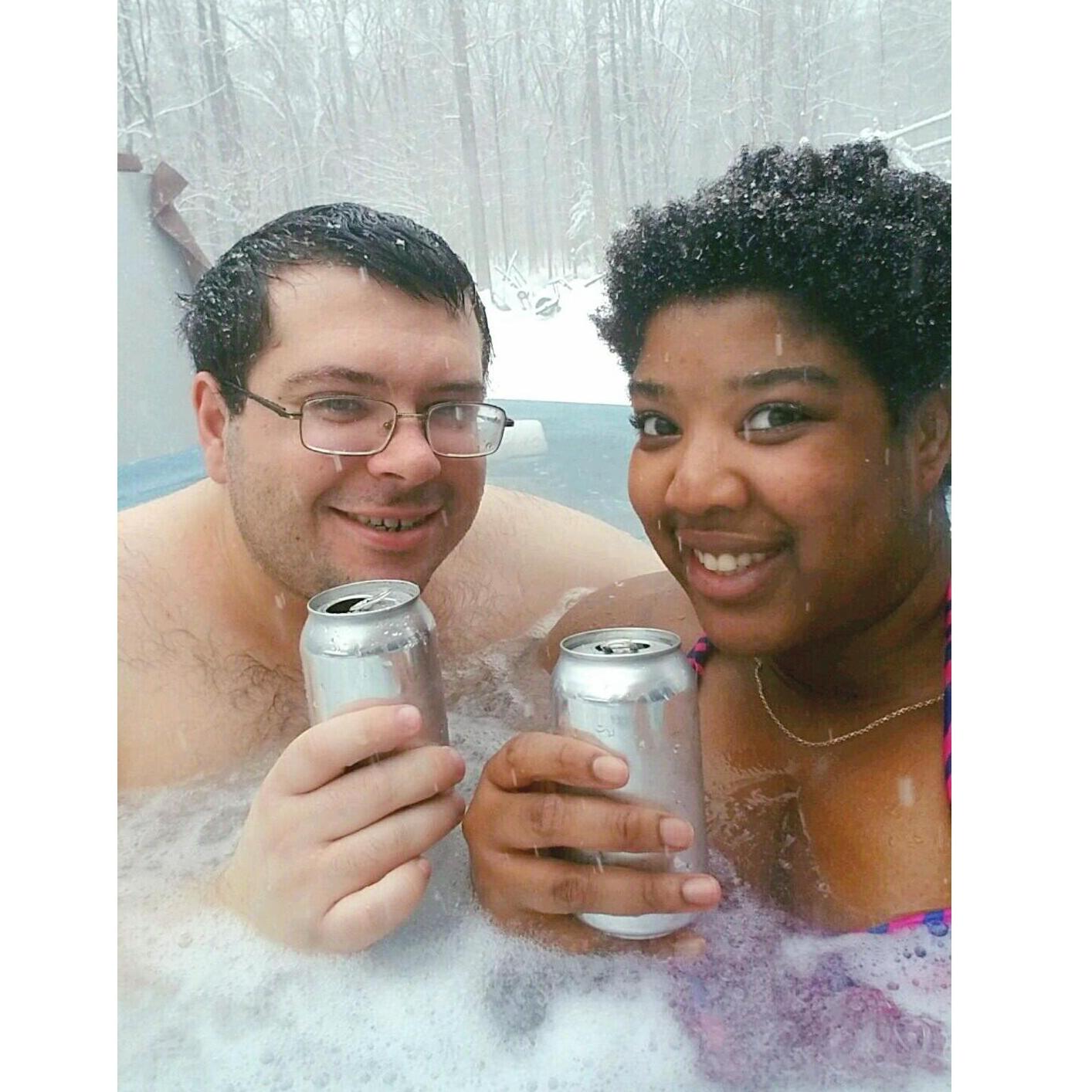 Sipping on Bad seed Cider and hot tubbing. Kingston, NY 2/12/17 (Exactly 3 years before their engagement)
