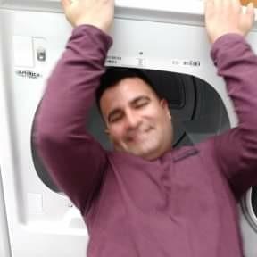 That time I dared him to fit inside a dryer at Home Depot and he did 😂..this was him coming out of it